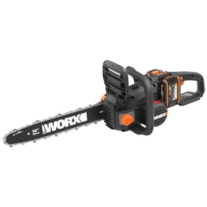 Worx Nitro 40V cordless brushless chainsaw with black body, orange accents and 14-inch bar, bare unit without battery shown against white background
