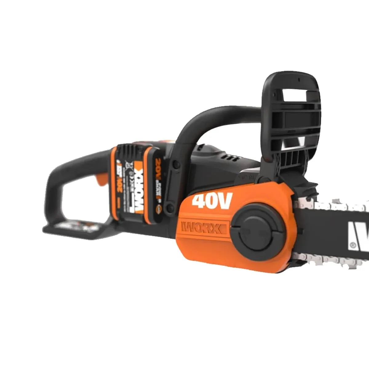 Worx Nitro 40V cordless brushless chainsaw with orange and black design, showing battery pack, charging dock and guide bar against white background