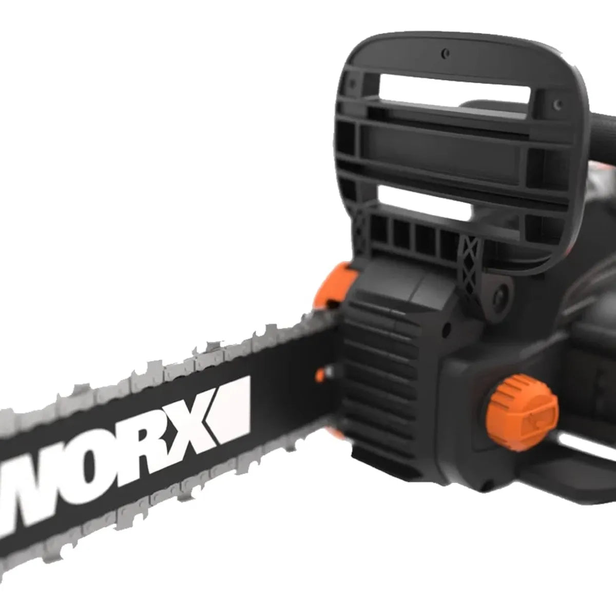 WORX Nitro 40V cordless brushless chainsaw bare unit showing black and orange power tool with grip handle, metal cutting chain and black housing against white background