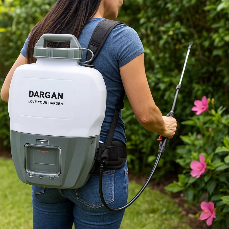 Woman wearing blue t-shirt and jeans carrying white and grey Dargan 15 litre backpack battery sprayer with black shoulder straps in garden with pink flowers and green foliage in background