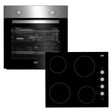 Beko built-in stainless steel fan oven with black interior and black ceramic hob with four cooking zones and control knobs, shown as a package deal