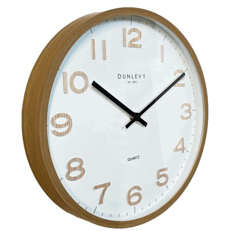 Dunlevy Simple Wall Clock 16 inch wooden round clock with white face, wood-grain beige numbers, black hands, and natural wood frame