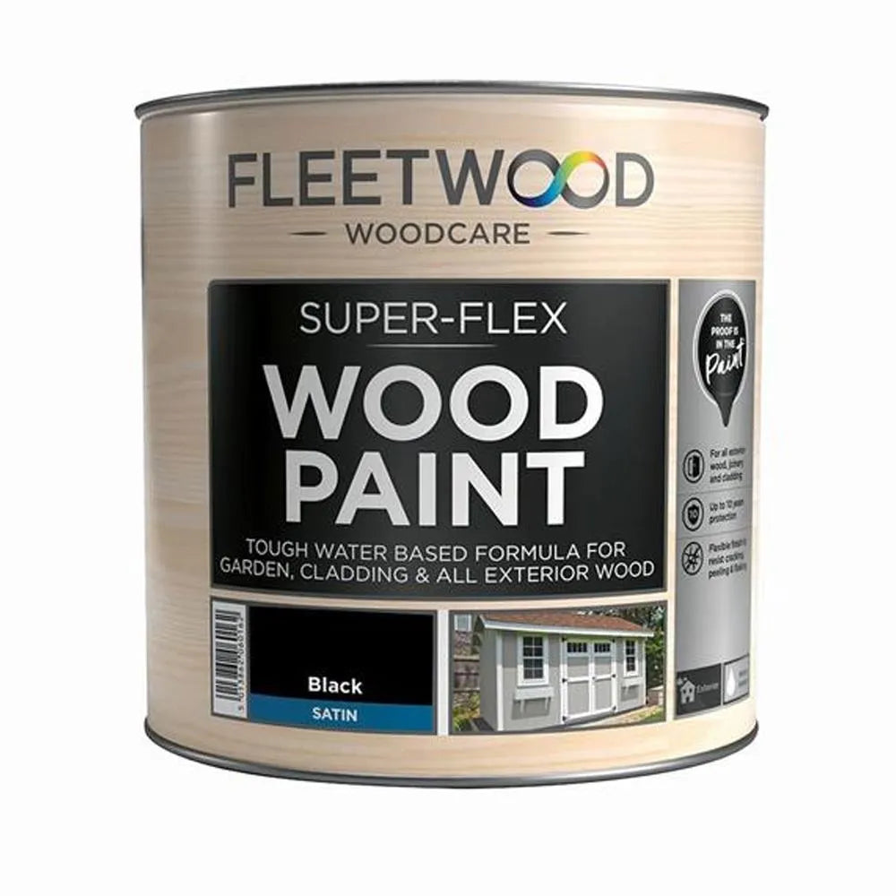Fleetwood Super-Flex Wood Paint 5 litre tin in satin black finish for exterior wood surfaces including garden cladding and fencing