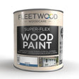 Fleetwood Super-Flex Wood Paint 5 litre can in white satin finish with product label showing touch water based formula for exterior wood, joinery, garden furniture and wood cladding