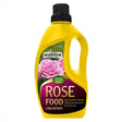 Goulding Rose Food Concentrate 1 litre bottle with yellow plastic container, black screw cap, and pink rose flower imagery on dark purple label