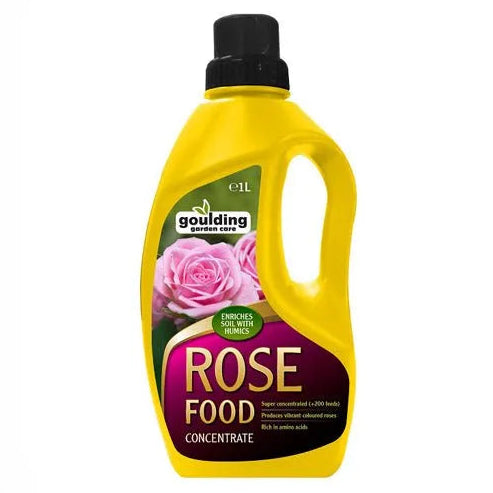 Goulding Rose Food Concentrate 1 litre bottle with yellow plastic container, black screw cap, and pink rose flower imagery on dark purple label