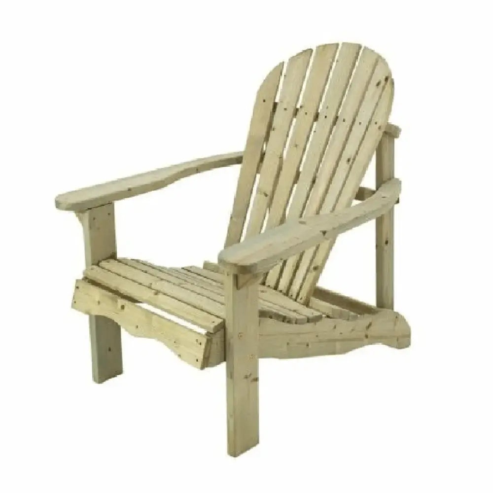 Pressure treated wooden Adirondack garden chair in natural light tan finish with slatted backrest and seat, featuring wide armrests and angled legs in classic outdoor furniture style
