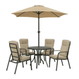 Euroactive Verona 4 seater round garden furniture set with cushioned chairs, dark metal frame, beige fabric cushions, black round table and matching tan umbrella with centre pole