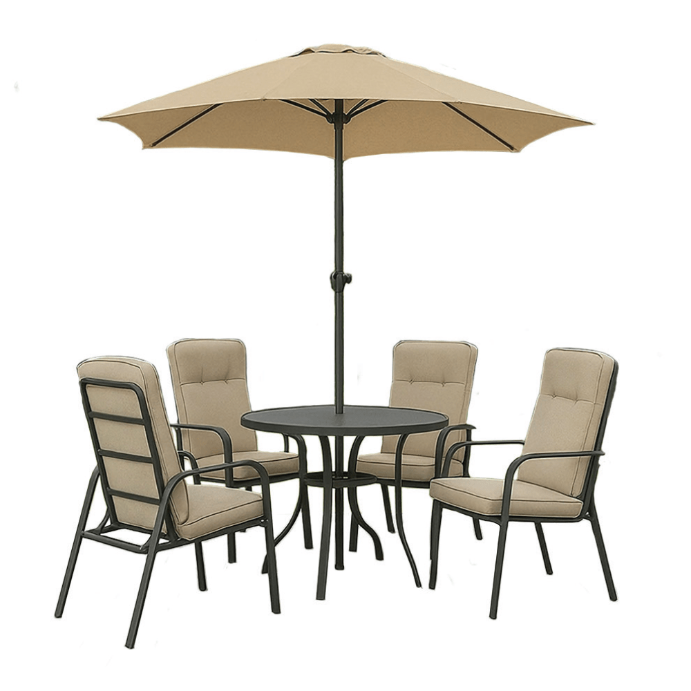 Euroactive Verona 4 seater round garden furniture set with cushioned chairs, dark metal frame, beige fabric cushions, black round table and matching tan umbrella with centre pole