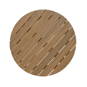 Overhead view of round acacia wood garden bistro table top with diagonal slatted design and white gaps between wooden planks