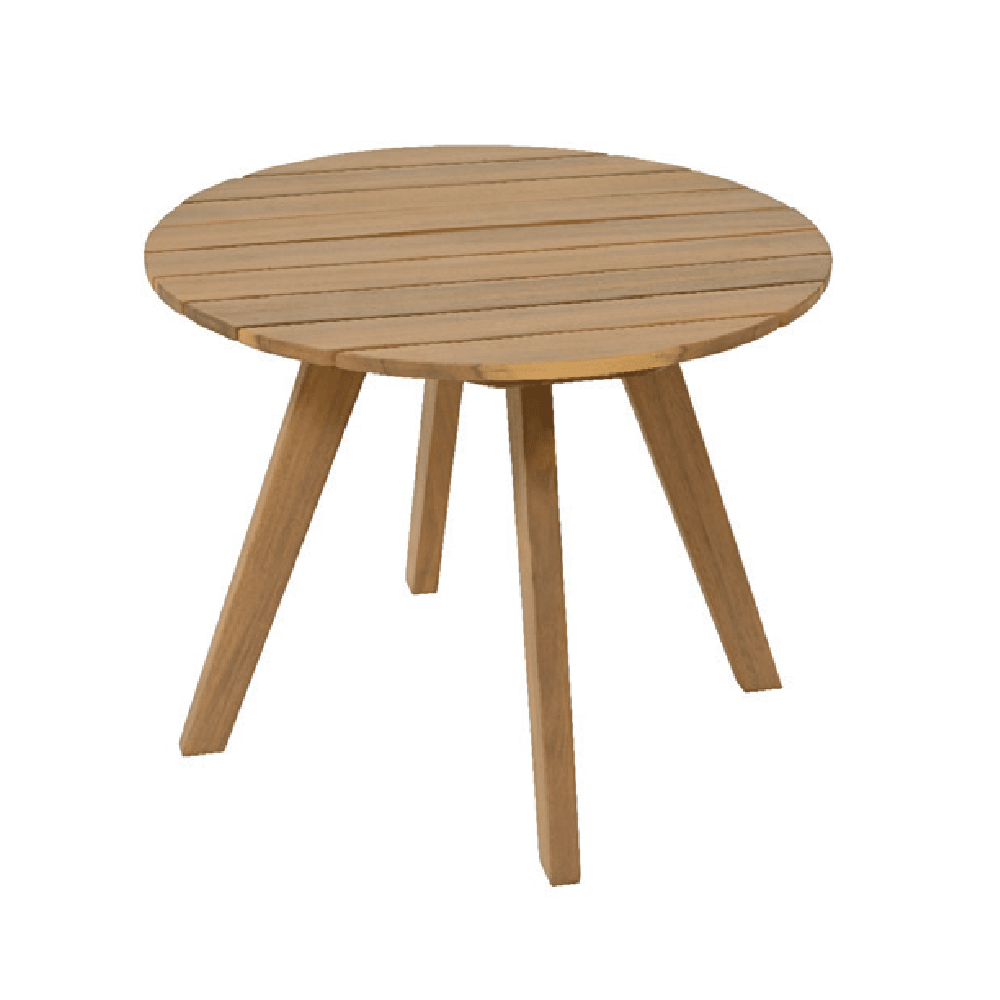 Natural acacia wood round bistro table with four tapered legs and horizontal slat detailing on tabletop, garden furniture