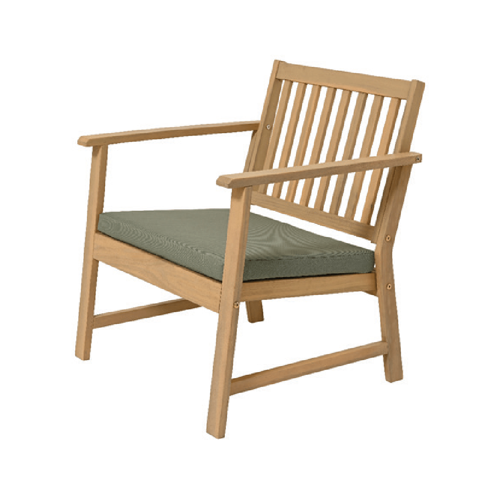Kaemingk natural acacia wood garden bistro chair with vertical slat backrest and sage green cushion seat