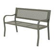 Sage green metal garden bench with perforated seat and backrest, 2-seater, 1.2 metre width, curved armrests, modern outdoor furniture design