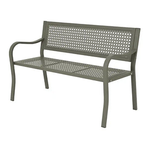 Sage green metal garden bench with perforated seat and backrest, 2-seater, 1.2 metre width, curved armrests, modern outdoor furniture design