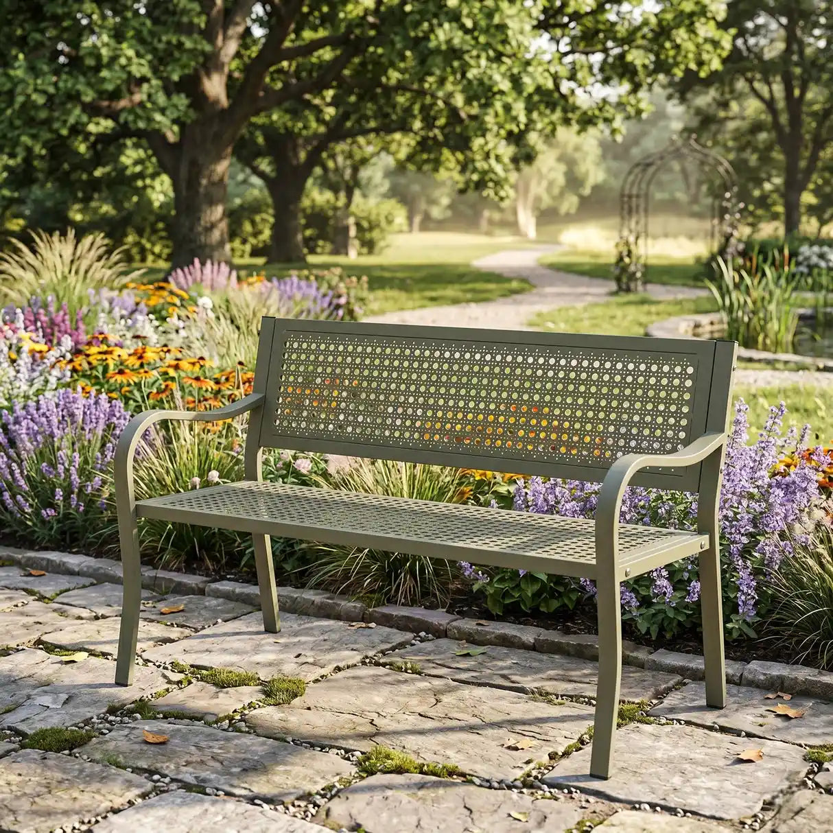 Sage green metal garden bench with perforated backrest and seat, positioned on stone patio surrounded by purple lavender and yellow flowers with trees in background
