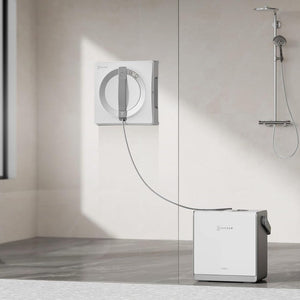 Modern shower system with a control panel and water dispenser in a bathroom setting.