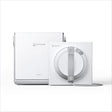 Ecovacs Winbot W2S Omni white robotic window vacuum cleaner shown with base station, featuring circular design with central handle and control buttons