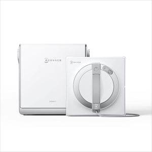 Ecovacs Winbot W2S Omni white robotic window vacuum cleaner shown with base station, featuring circular design with central handle and control buttons
