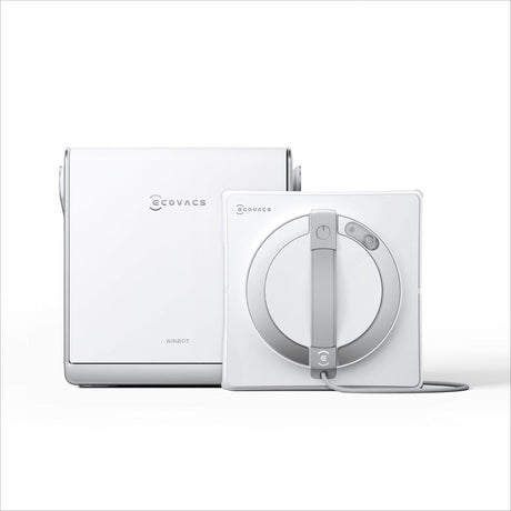 Ecovacs Winbot W2S Omni white robotic window vacuum cleaner shown with base station, featuring circular design with central handle and control buttons