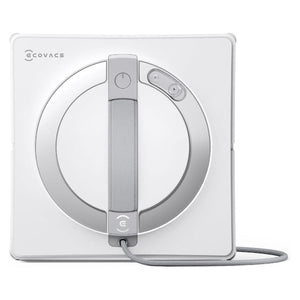 Ecovacs Winbot W2S Omni white and gray robotic window vacuum cleaner with circular design, control panel on top handle, and attached power cord