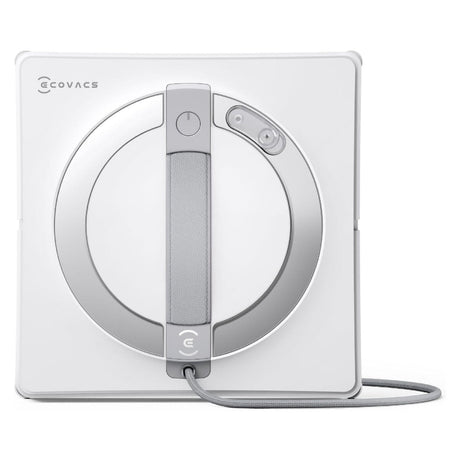 Ecovacs Winbot W2S Omni white and gray robotic window vacuum cleaner with circular design, control panel on top handle, and attached power cord