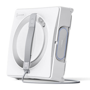 Ecovacs Winbot W2S Omni white robot window vacuum cleaner with gray accents and blue button, shown with mounted bracket and hanging strap against white background