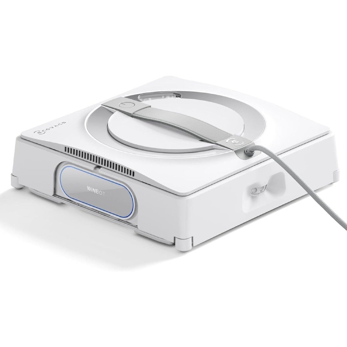 White robotic vacuum cleaner with charging dock on a white background