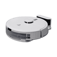 White and black robotic vacuum cleaner with circular disc design, central control knob, dustbin compartment, charging dock attachment on right side, and digital display panel on lower front