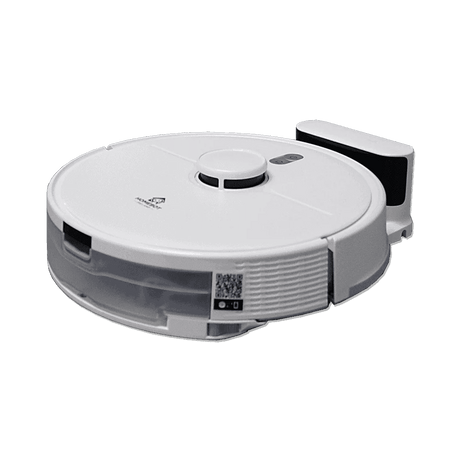 White and black robotic vacuum cleaner with circular disc design, central control knob, dustbin compartment, charging dock attachment on right side, and digital display panel on lower front