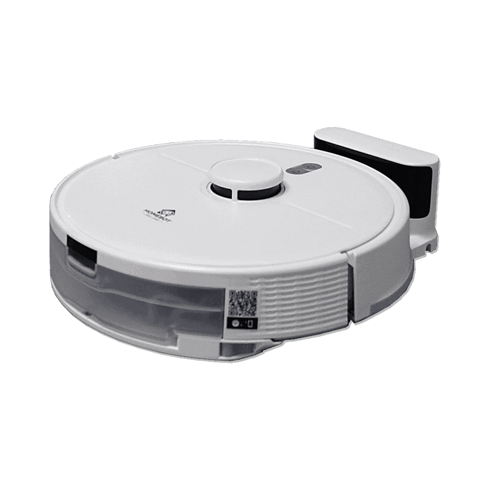 White and black robotic vacuum cleaner with circular disc design, central control knob, dustbin compartment, charging dock attachment on right side, and digital display panel on lower front