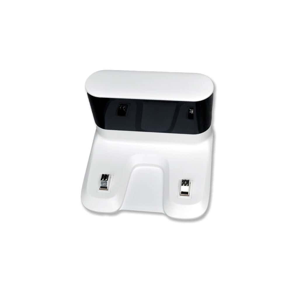 White and black robotic vacuum cleaner with rounded rectangular design, showing dual charging contacts on white lower base and black upper sensor band