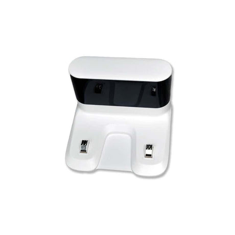 White and black robotic vacuum cleaner with rounded rectangular design, showing dual charging contacts on white lower base and black upper sensor band