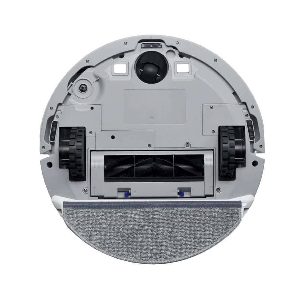 Top-down view of Homebot Spritz white robotic vacuum cleaner showing circular design with black wheel treads on sides, central black spherical sensor, gray microfiber mopping pad at bottom, and dust collection compartment with visible brush roller