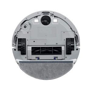 Top-down view of Homebot Spritz white robotic vacuum cleaner showing circular design with black wheel treads on sides, central black spherical sensor, gray microfiber mopping pad at bottom, and dust collection compartment with visible brush roller