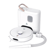 Homebot Nozzie white robotic vacuum cleaner with docking station, featuring a circular disc design with central button, beige handle on charging dock, and white hose attachment for automatic dirt disposal