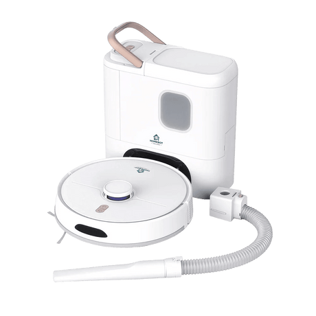 Homebot Nozzie white robotic vacuum cleaner with docking station, featuring a circular disc design with central button, beige handle on charging dock, and white hose attachment for automatic dirt disposal