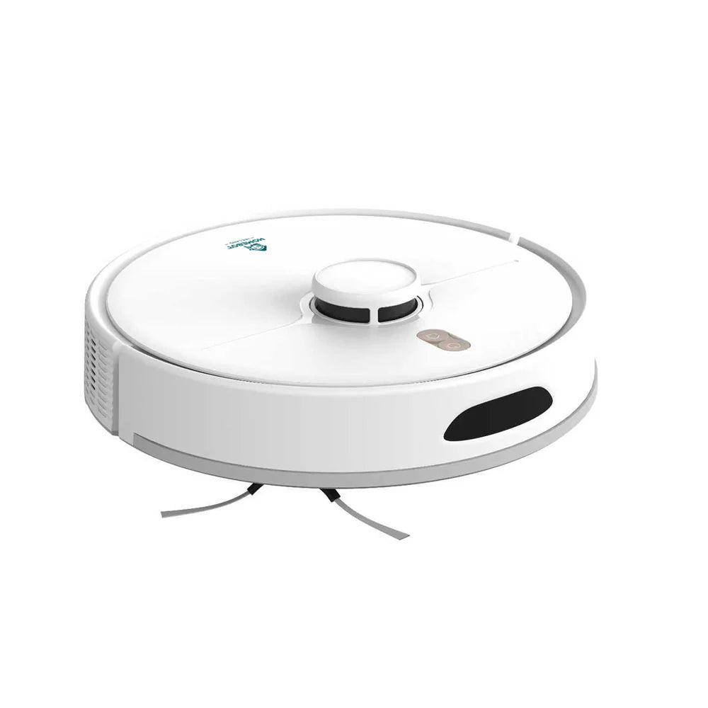White circular robotic vacuum cleaner with black accents, featuring a central dome-shaped sensor unit, control buttons on the side, and extended black brush bristles visible underneath, shown from an angled perspective against a white background