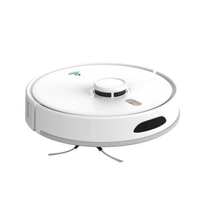 White circular robotic vacuum cleaner with black accents, featuring a central dome-shaped sensor unit, control buttons on the side, and extended black brush bristles visible underneath, shown from an angled perspective against a white background