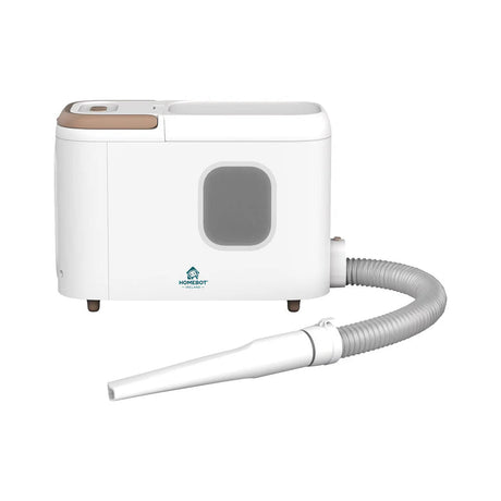 Homebot Nozzie robotic vacuum cleaner in white with tan brown top panel, featuring a round window portal, flexible gray hose attachment, and small feet, displayed against a white background