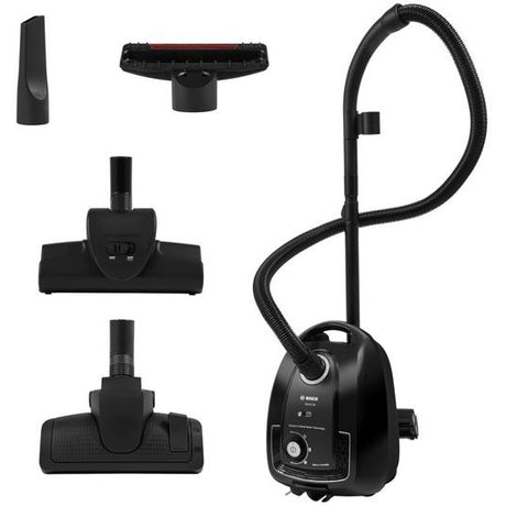 Black handheld vacuum cleaner with various attachments on a white background