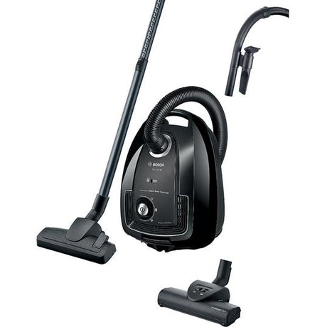 Black Bosch vacuum cleaner with attachments on a white background