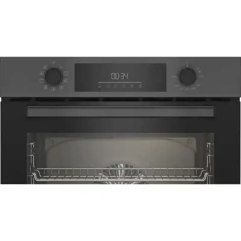 Beko Pro AeroPerfect built-in single oven in anthracite grey with digital display showing 00:34, dual control knobs, and chrome oven rack visible through the glass door