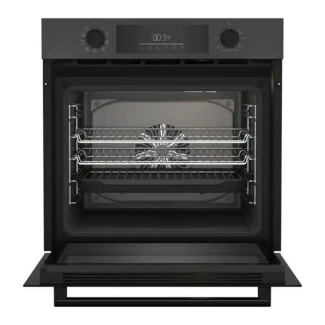 Beko Pro AeroPerfect built-in single oven in anthracite grey with digital display, dual control knobs, two wire shelves, and drop-down door open showing interior cavity