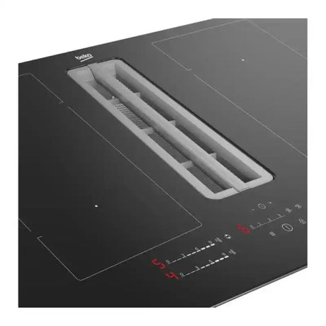 Beko 80cm black vented extractor induction hob with integrated cooker hood, featuring touch controls and two cooking zones with red indicator lights
