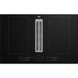 Beko black vented extractor induction hob with central stainless steel downdraft vent flanked by two cooking zones, featuring touch controls and digital displays, 80cm wide