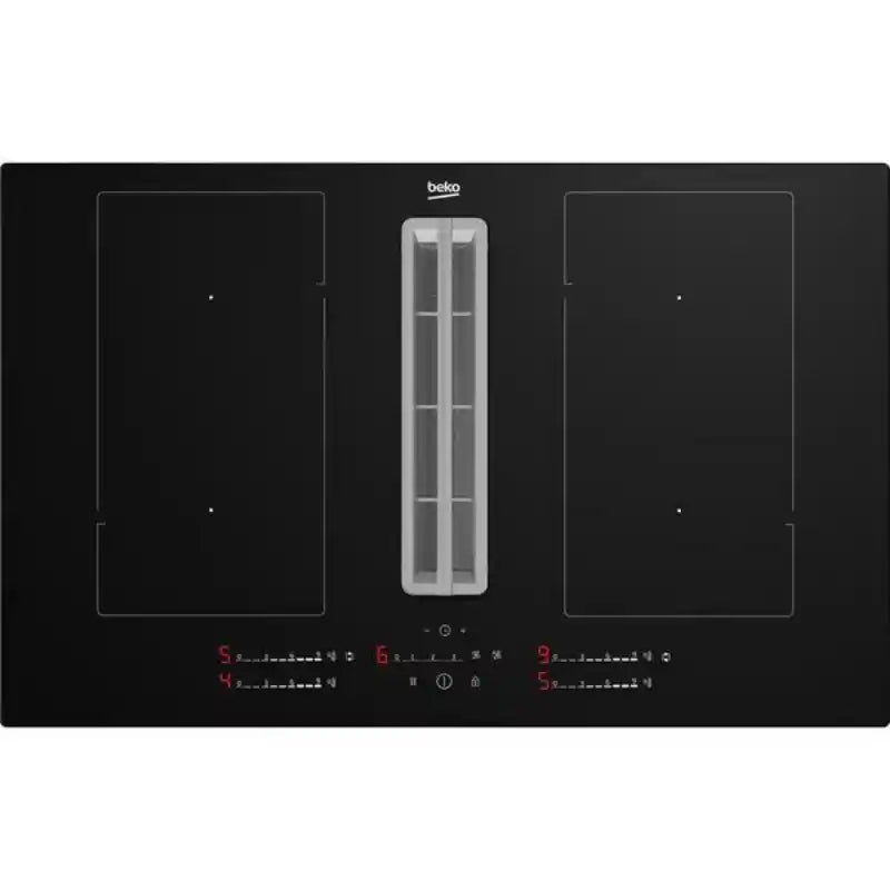 Beko black vented extractor induction hob with central stainless steel downdraft vent flanked by two cooking zones, featuring touch controls and digital displays, 80cm wide