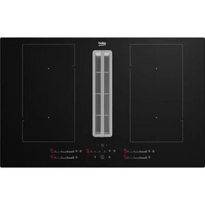 Beko black vented extractor induction hob with central stainless steel downdraft vent flanked by two cooking zones, featuring touch controls and digital displays, 80cm wide