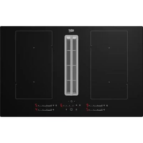 Beko black vented extractor induction hob with central stainless steel downdraft vent flanked by two cooking zones, featuring touch controls and digital displays, 80cm wide