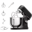 Black stand mixer with attachments on a white background