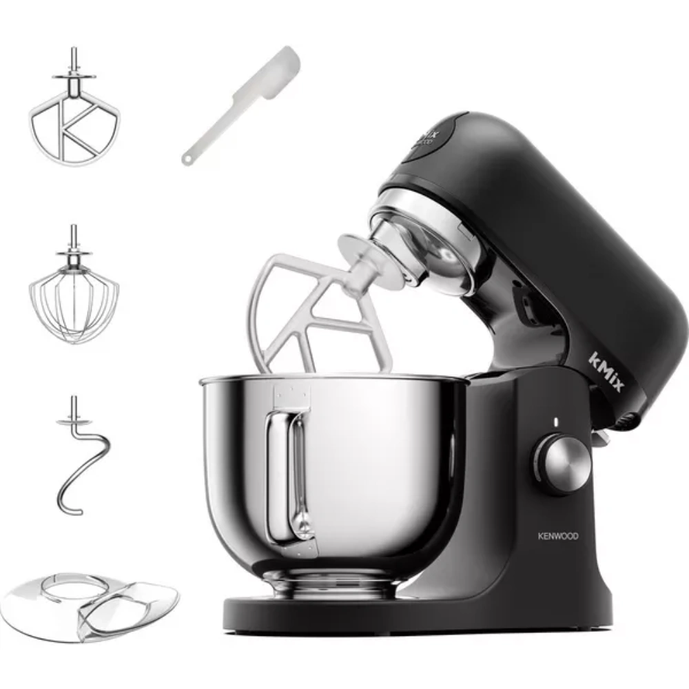 Black stand mixer with attachments on a white background